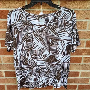 Chico's 100% Linen Shirt Women's Size Medium Brown and White Leaves